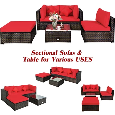 Tangkula 5PCS Rattan Sectional Sofa Set Patio Furniture Set W/ Red Cushion Pillow 5 Tangkula 5PCS Rattan Sectional Sofa Set Patio Furniture Set W/ Red Cushion Pillow - Image 5