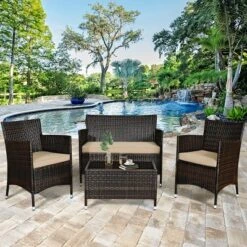 Tangkula 4PCS Patio Rattan Conversation Furniture Set Outdoor W/ Brown & Gray Cushion -Tangkula GUEST 4d7a4d70 276e 4f3d 95d2 f022b68399a0