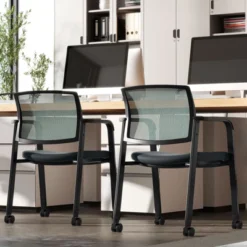 Tangkula 6-Pack Office Conference Chair Set Mesh Guest Reception Stack Chairs With Caster Wheels And Arms Stacking Chair Set