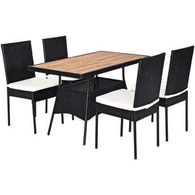 Tangkula 5PCS Outdoor Rattan Wicker Dining Set Acacia Wood Table & 4 Chairs With Cushions 2 Tangkula 5PCS Outdoor Rattan Wicker Dining Set Acacia Wood Table & 4 Chairs With Cushions - Image 2