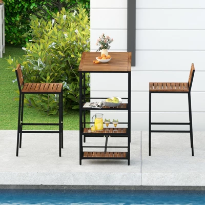 Tangkula 3 Pieces Outdoor Wood Bar Set W/ 3-Tier Storage Shelf & Metal Frame For Backyard 7 Tangkula 3 Pieces Outdoor Wood Bar Set W/ 3-Tier Storage Shelf & Metal Frame For Backyard - Image 7