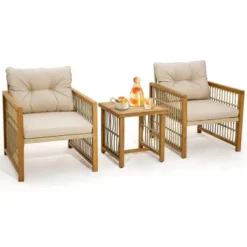 Tangkula 3PCS Patio Acacia Wood PE Wicker Furniture Set W/ Soft Seat & Back Cushions -Tangkula GUEST 4eb74141 b2b6 4f07 9486 f9c569f3ad56