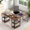 Tangkula Large L-shaped Computer Desk 60” Convertible Corner Desk With 4 Storage Shelves 95” 2-Person Long Study Writing Workstation Black/Rustic Brown/Natural/Grey