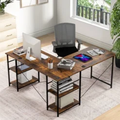 Tangkula Large L-shaped Computer Desk 60” Convertible Corner Desk With 4 Storage Shelves 95” 2-Person Long Study Writing Workstation Black/Rustic Brown/Natural/Grey
