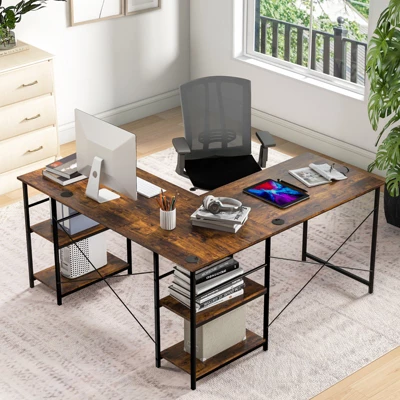 Tangkula Large L-shaped Computer Desk 60” Convertible Corner Desk With 4 Storage Shelves 95” 2-Person Long Study Writing Workstation Black/Rustic Brown/Natural/Grey 1 Tangkula Large L-shaped Computer Desk 60” Convertible Corner Desk With 4 Storage Shelves 95” 2-Person Long Study Writing Workstation Black/Rustic Brown/Natural/Grey