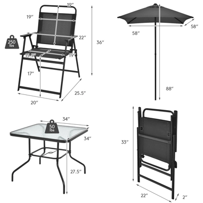 Tangkula 6-Piece Patio Dinning Sets Garden Table Set Outdoor Folding Chairs & Glass Table Set W/ Umbrella Grey 3 Tangkula 6-Piece Patio Dinning Sets Garden Table Set Outdoor Folding Chairs & Glass Table Set W/ Umbrella Grey - Image 3