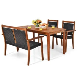 Tangkula 4PCS Patio Dining Set Acacia Wood Rattan Furniture Set W/ Umbrella Hole -Tangkula GUEST 5146e82b 3d57 4912 a181 5131a44436d7