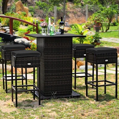 Tangkula 5PCS Patio Rattan Bar Table Stool Set Hidden Storage Shelf Cushion Red Patio Black 3 Tangkula 5PCS Patio Rattan Bar Table Stool Set Hidden Storage Shelf Cushion Red Patio Black - Image 3