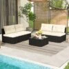 Tangkula 5 Pieces Outdoor Patio Furniture Set Sectional PE Rattan Sofa Set With Cushions And Tempered Glass Coffee Table