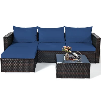 Tangkula 5PCS Cushioned Rattan Patio Conversation Set W/ Ottoman Navy Cushion 9 Tangkula 5PCS Cushioned Rattan Patio Conversation Set W/ Ottoman Navy Cushion - Image 9