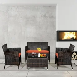 Tangkula 4PCS Patio Rattan Conversation Furniture Set Outdoor W/ Orange Cushion -Tangkula GUEST 526cb145 226c 4f5b b3a5 af8312113a02