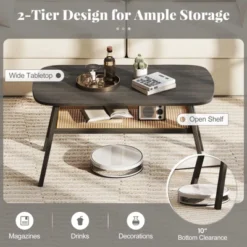 Tangkula 2-Tier Coffee Table W/ Rattan Storage Shelf & Rubber Wood Legs For Living Room -Tangkula GUEST 52950ecc b37a 4e35 bb4f 50944466c94c