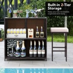 Tangkula 3 Pieces Patio Bar Set PE Wicker Outdoor Bar Table & Stools Set W/ Removable Cushions -Tangkula GUEST 52e0862d 7c3c 4539 b0d7 5ed3f600f267