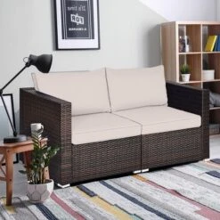 Tangkula 4PCS Rattan Corner Sofa Set Patio Outdoor Furniture Set W/ Beige Cushions -Tangkula GUEST 5310523a 681b 4675 a6b7 c6e8809a6a98 1