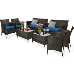 Tangkula 8PCS Patio Rattan Conversation Furniture Set Outdoor W/ Peacock Blue Cushion -Tangkula GUEST 54267d9b 24df 4eae 99a2 0ecb0b8d2330