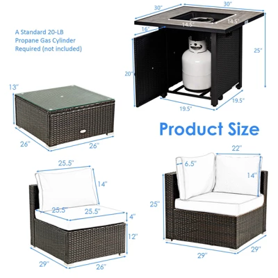 Tangkula 6 PCS Patio Wicker Furniture Set With 30" Gas Fire Pit Table 50,000 BTU Black/Red/Turquoise/Navy/White Cushions 8 Tangkula 6 PCS Patio Wicker Furniture Set With 30" Gas Fire Pit Table 50,000 BTU Black/Red/Turquoise/Navy/White Cushions - Image 8