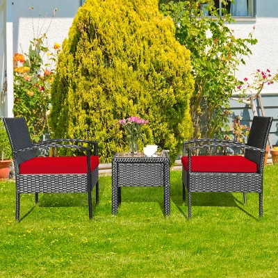 Tangkula 3 Pieces Patio Set Outdoor Wicker Rattan Furniture W/ Cushions Red 1 Tangkula 3 Pieces Patio Set Outdoor Wicker Rattan Furniture W/ Cushions Red