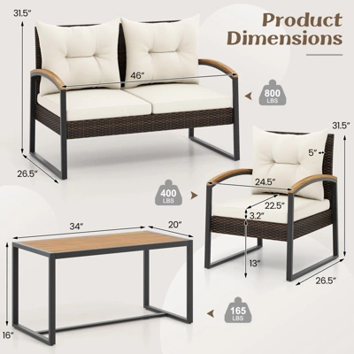 Tangkula 4 Piece Patio Conversation Set With Heavy Duty Solid Acacia Wood Armrests & Tabletop Outdoor Cushioned Wicker Furniture Set 3 Tangkula 4 Piece Patio Conversation Set With Heavy Duty Solid Acacia Wood Armrests & Tabletop Outdoor Cushioned Wicker Furniture Set - Image 3