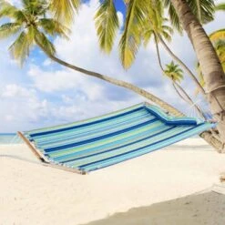 Tangkula Portable Hammock W/ Spreader Bars & Detachable Pillow Quick Dry & Water Proof Material Woven Cotton Rope Blue + Green/Light Blue + Yellow -Tangkula GUEST 567d68c6 8980 4d56 ac1c c751825439d3
