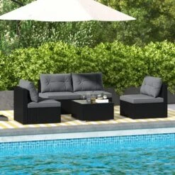 Tangkula Set Of 5 Rattan Sofa Set Outdoor Wicker Furniture Set W/Seat & Back Cushions Square Coffee Table Patio Sectional Sofa Set Gray