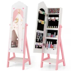 Tangkula Kids Jewelry Armoire Cabinet Freestanding Full Length Dressing Mirror With Large Capacity Pink/White -Tangkula GUEST 570a4971 732a 4040 ab31 7cd53f82efbf