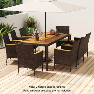 Tangkula 9 Pieces Patio Dining Set For 8 Outdoor Rectangular Acacia Wood Table And PE Rattan Chairs With Umbrella Hole 6 Tangkula 9 Pieces Patio Dining Set For 8 Outdoor Rectangular Acacia Wood Table And PE Rattan Chairs With Umbrella Hole - Image 6