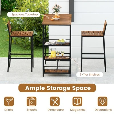 Tangkula 3 Pieces Outdoor Wood Bar Set W/ 3-Tier Storage Shelf & Metal Frame For Backyard 4 Tangkula 3 Pieces Outdoor Wood Bar Set W/ 3-Tier Storage Shelf & Metal Frame For Backyard - Image 4