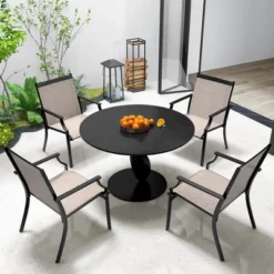 Tangkula Patio Chairs Set Of 4 Dining Chairs W/ Curved Backrest Long Armrest Breathable Fabric