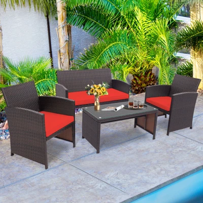 Tangkula 8PCS Outdoor Patio Furniture Sets Weather-Resistant Rattan Sofas W/ Soft Cushion Red 2 Tangkula 8PCS Outdoor Patio Furniture Sets Weather-Resistant Rattan Sofas W/ Soft Cushion Red - Image 2