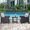 Tangkula 3PCS Patio Wicker Sofa Set Acacia Wood Frame W/ Cushion Covers Beige & Turquoise