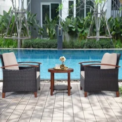 Tangkula 3PCS Patio Wicker Sofa Set Acacia Wood Frame W/ Cushion Covers Beige & Turquoise