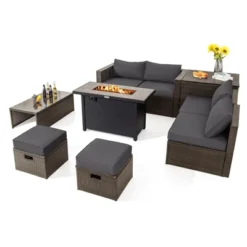 Tangkula 9 Pieces Outdoor Patio Furniture Set With 42" Propane Fire Pit Table Outdoor PE Wicker Space-Saving Sectional Sofa Set Black/Gray/Navy/Red/Turquoise/Off White -Tangkula GUEST 58d9a38b 85bf 4cd1 ad99 c44160ad7348