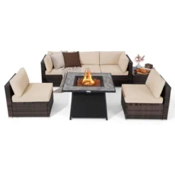 Tangkula Set Of 7 Patio Furniture Set W/ 35" Propane Gas Fire Pit Table & Waterproof Cover -Tangkula GUEST 59252dd4 e828 49b5 8875 3dfa4c6842ad