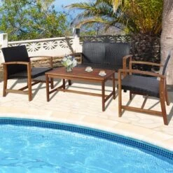 Tangkula 4PCS Patio Conversation Set Outdoor Furniture Set W/ Acacia Wood Frame