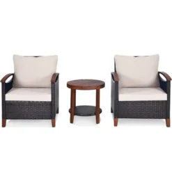 Tangkula 3PCS Patio Wicker Sofa Set Acacia Wood Frame W/ Cushion Covers Beige & Turquoise -Tangkula GUEST 5a41b31e 3fa6 4ed5 b3d9 646157828eb0