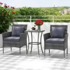 Tangkula 3-Piece Patio Furniture Set PE Wicker Conversation Bistro Set W/ A Tempered Glass Table