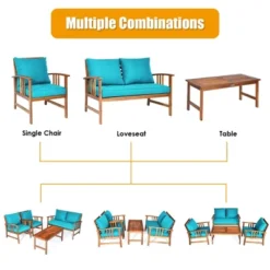 Tangkula 8pcs Wooden Patio Furniture Set Table & Sectional Sofa W/ Turquoise Cushion -Tangkula GUEST 5a7b13f7 02b5 4c60 a439 312e6c3f2f75