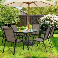 Tangkula 7PCS Patio Dining Furniture Set W/ 6 Stackable Armchairs & Umbrella Hole -Tangkula GUEST 5ac2dbc4 3438 4a03 8932 af67f45e80fd