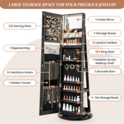 Tangkula 360° Rotating Mirrored Jewelry Cabinet Armoire 3 Color LED Modes Lockable Black -Tangkula GUEST 5acbbf1e 838b 4f74 9d8c a06f130fb07f