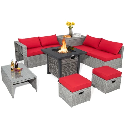 Tangkula 9 Pieces Outdoor Patio Furniture Set W/ 32" Propane Fire Pit Table Sectional Sofa Set W/ Storage Box Black/Gray/Navy/Red/Turquoise/Off White 13 Tangkula 9 Pieces Outdoor Patio Furniture Set W/ 32" Propane Fire Pit Table Sectional Sofa Set W/ Storage Box Black/Gray/Navy/Red/Turquoise/Off White - Image 13