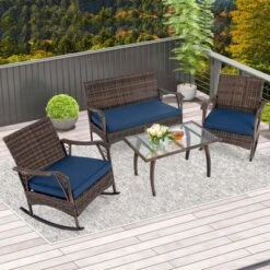 Tangkula Set Of 4 Wicker Rocking Set 2 Patio Rattan Rocker Chairs W/Loveseat & Coffee Table Heavy-Duty Metal Frame & Bungee Rope Seat Navy -Tangkula GUEST 5b23683f 3e5d 4759 80fc 4d544d014263