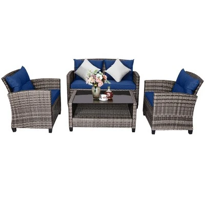 Tangkula 4PCS Rattan Furniture Set Coffee Table Cushioned Sofa Garden Lawn Patio Navy 4 Tangkula 4PCS Rattan Furniture Set Coffee Table Cushioned Sofa Garden Lawn Patio Navy - Image 4