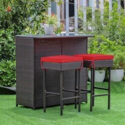 Tangkula 3PCS Patio Wicker Rattan Bar Set Table W/2 Cushioned Stools