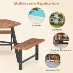 Tangkula 6 Person Acacia Wood Picnic Table Bench Set W/3 Seats Umbrella Hole Metal Frame -Tangkula GUEST 5b8e2c7f a9ee 4356 89f7 07c59b660c58