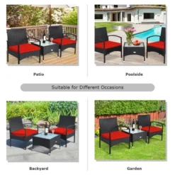 Tangkula 3 PCS Patio Wicker Rattan Furniture Set Coffee Table & 2 Rattan Chair W/ Cushion Red -Tangkula GUEST 5bd4a5d4 d386 4223 9a82 6d09f3fa0e09