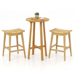 Tangkula 3 Piece Patio Bar Set Round Cocktail Table W/ 2 Rattan Saddle Stools -Tangkula GUEST 5c823363 0dd1 4cbf 9d5e 2da8f234d677