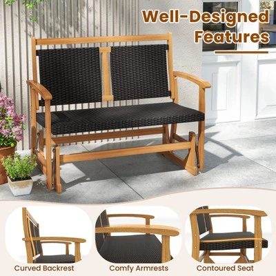 Tangkula Patio Rattan Glider Bench Swing Gliding Rocker For 2 W/ Acacia Wood Frame 4 Tangkula Patio Rattan Glider Bench Swing Gliding Rocker For 2 W/ Acacia Wood Frame - Image 4