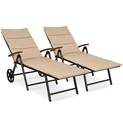 Tangkula 2PCS Folding Outdoor Rattan Chaise Lounge Chair Cushioned Recliner With Wheels& Cushions 11 Tangkula 2PCS Folding Outdoor Rattan Chaise Lounge Chair Cushioned Recliner With Wheels& Cushions - Image 11