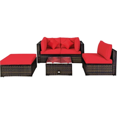 Tangkula 5PCS Rattan Sectional Sofa Set Patio Furniture Set W/ Red Cushion Pillow 8 Tangkula 5PCS Rattan Sectional Sofa Set Patio Furniture Set W/ Red Cushion Pillow - Image 8