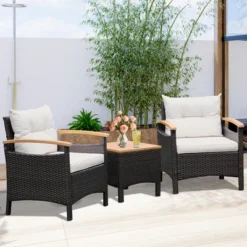 Tangkula 3PCS Patio PE Rattan Conversation Furniture Set Bistro Set Acacia Wood Tabletop -Tangkula GUEST 5dd6b0db bb5c 449b 800d 3ab7c31871c3